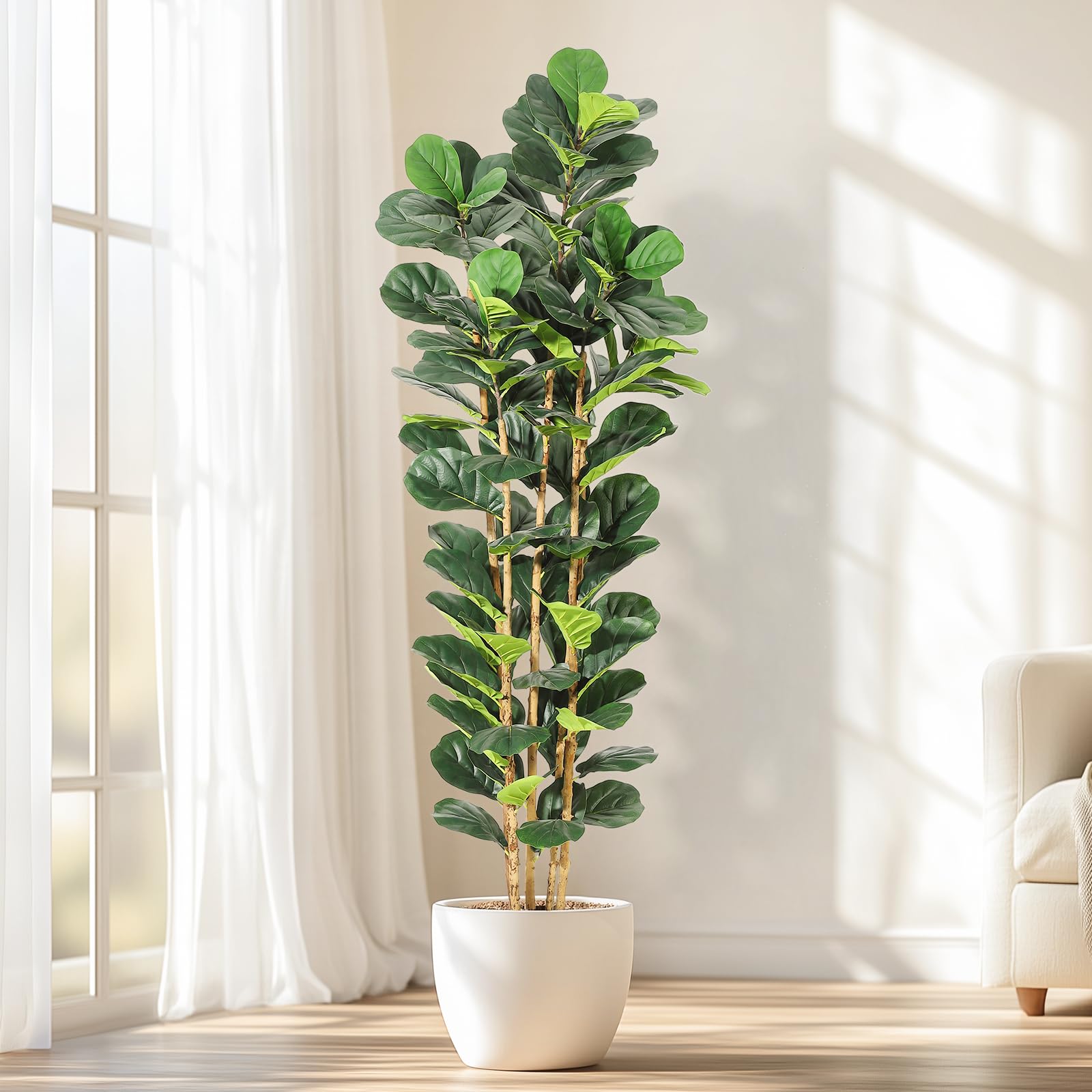 Fiddle Leaf Fig - ต้นฟิกเลฟฟิลด์เทียม ขนาด 5/6/7 ฟุต ต้นฟิกส์ประดิษฐ์พร้อมต้นไม้ประดิษฐ์สูง ต้นไม้ปลอมที่ดูสมจริง