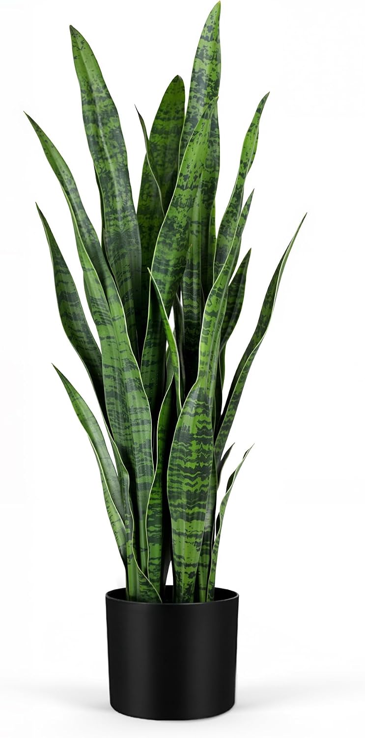 Snake Plant - ต้นไม้ประดิษฐ์ลายงู, ต้นไม้จำลองสีเขียวขนาด 35 นิ้ว, ต้นไม้กระถางสำหรับตกแต่งบ้านและสำนักงาน, ใบไม้หนาและสมจริง,